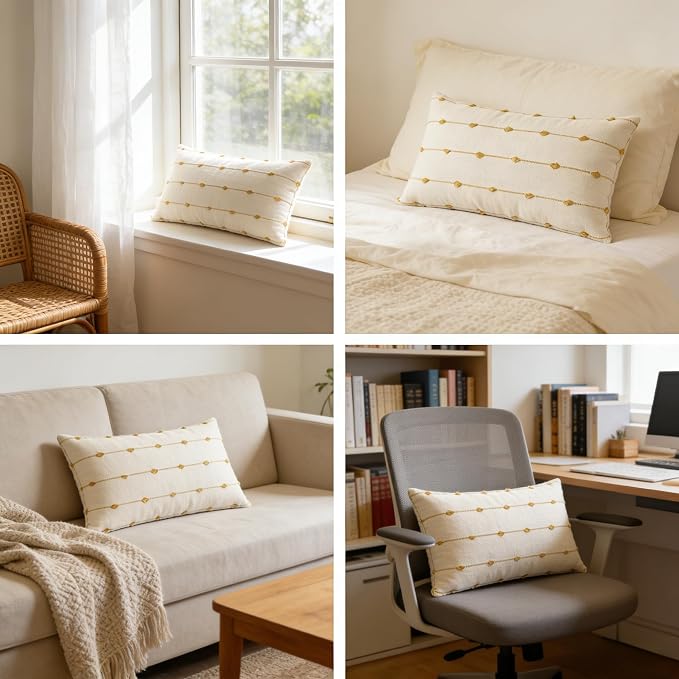 JMGBird Rectangle Throw Pillow Inserts Decorative Pillows, Inserts & Covers | 12x20 Inch Decorative Throw Pillows Set of 2, Yellow Flower Stripes - Lumbar Pillows with Inserts for Indoor Home Decor