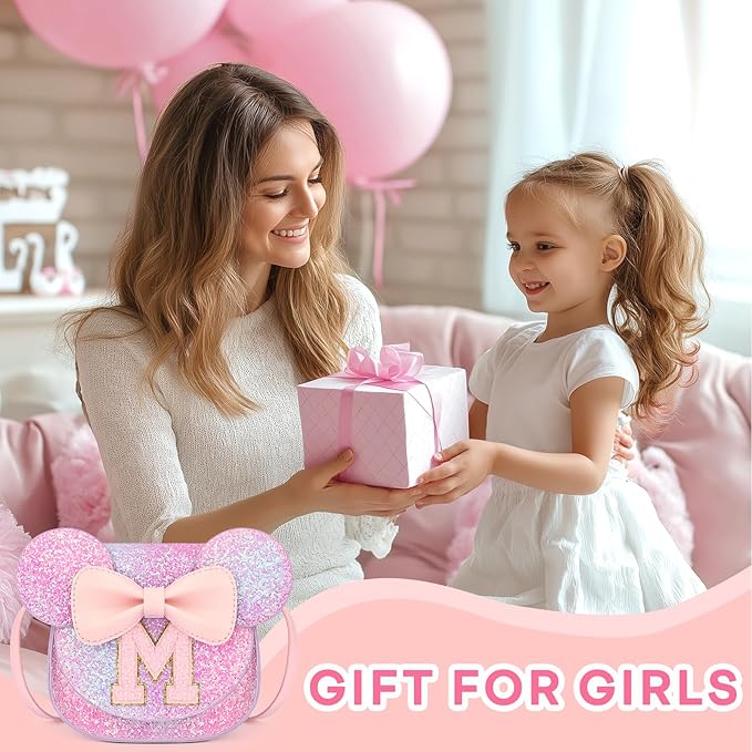 mibasies Toddler Purse Girl Gifts: Girls Birthday Gifts for 3-8 - Toys for Ages 2-4 Girls Mouse Ears Purse, Purple Rainbow, Letter M