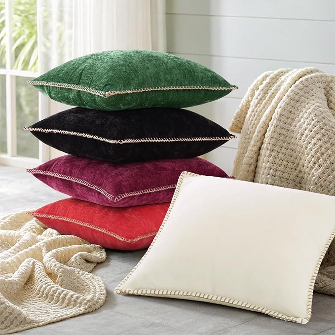 decorUhome Soft Chenille Throw Pillow Covers 26x26 Set of 2 Rhododendron | Fall Textured Decorative Throw Pillow Cases Stitched Edge Modern Farmhouse Luxury Boho Velvet for Couch Sofa Bed Home Decor