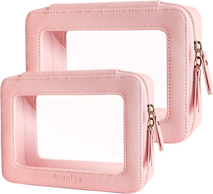 Aveniee Clear Makeup Bag Organizer Set,Portable Travel Toiletry Case for Women, Vegan Leather Cosmetic Pouch Car Bag for Essentials 2pcs,Middle & Large,Pink