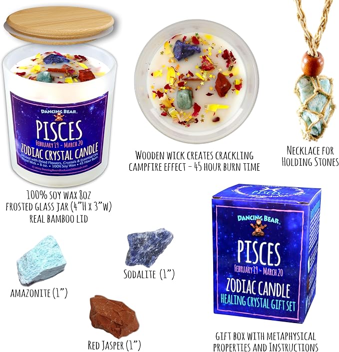 DANCING BEAR Pisces Zodiac Candle Gift Box Set with 3 Healing Crystals & Stone Holder Necklace, 100% Soy Scented Wax, Crackling Wood Wick, 45 Hour Burn Time