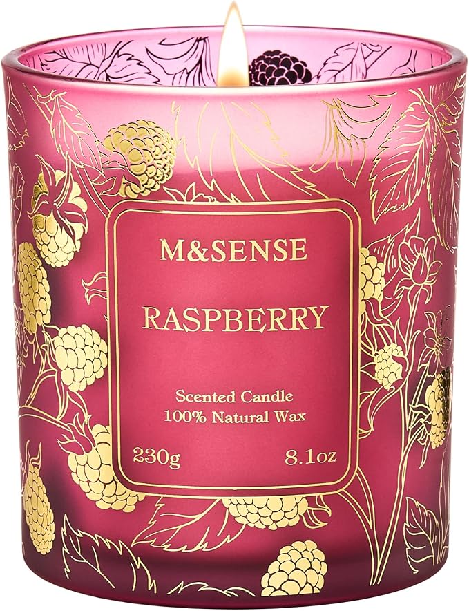 M&SENSE Raspberry Soy Candle, 8.1oz Gilded Glass Winter Gift | 42H Long Burn, Natural Soy Wax, Gilded Glass Jar, Berry Scent, Aromatherapy Calm, Warmer Safe, Reusable Eco Jar