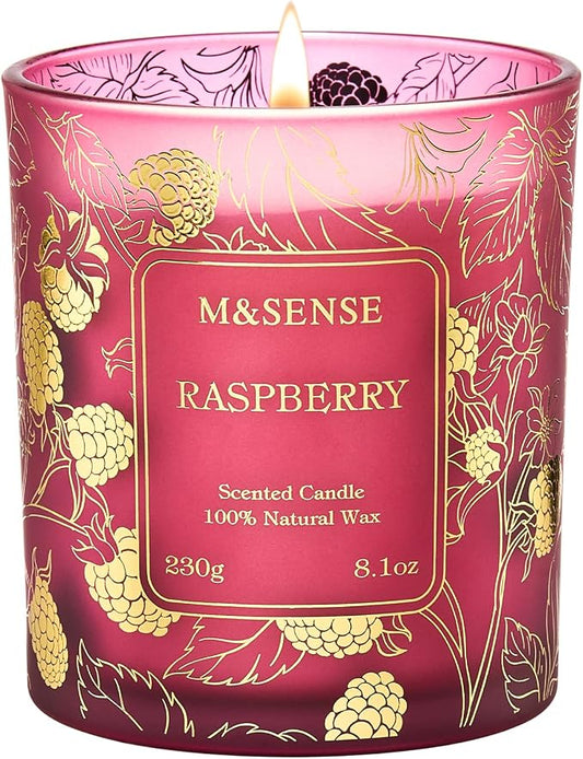 M&SENSE Raspberry Soy Candle, 8.1oz Gilded Glass Winter Gift | 42H Long Burn, Natural Soy Wax, Gilded Glass Jar, Berry Scent, Aromatherapy Calm, Warmer Safe, Reusable Eco Jar