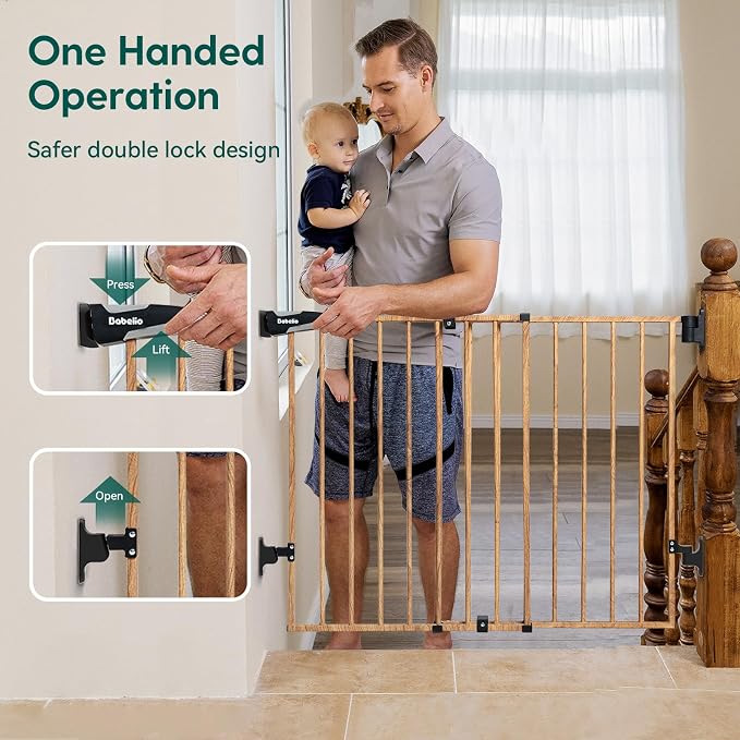 Babelio Baby Gate for Stairs & Doorways, 26-43" W 28" H No Bottom Bar| Easy Installation| One-Handed Operation| Auto-Close| Hardware Mount (Drill Needed) Safety Dog/Pet Gate (Brown Wood Pattern)
