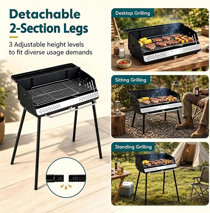 Giantex Portable Charcoal Grill with Detachable Legs, Compact BBQ Grill | Adjustable Grate, Spice Rack & Carrying Bag, Lightweight Barbecue Griddle for Backyard Party Camping Tailgating