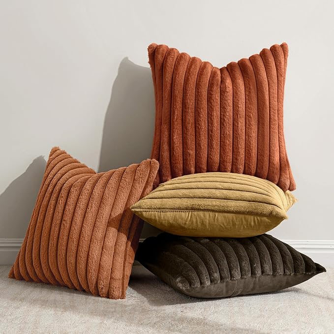 MIULEE Fall Rust Orange Faux Fur Plush Decorative Throw Pillow Covers18x18 | Set of 4, Striped, Soft Boho Farmhouse Vintage, Rustic Cozy Home Decor, Cushion Cases for Sofa Couch Bed Living Room
