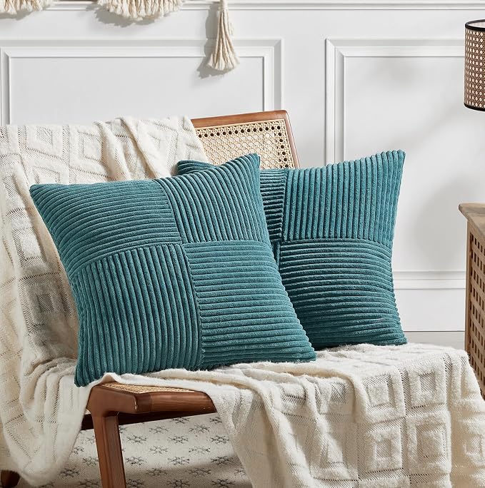Fancy Homi 2 Packs Teal Euro Decorative Throw Pillow Covers 28x28 Inch for Couch Bed Sofa, Rustic Farmhouse Boho Home Decor, Soft Corss Corduroy Patchwork Textured Square Cushion Case 71x71 cm