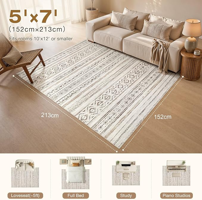 cotiled 5x7 Area Rugs Living Room Rug: Washable Boho Rugs with Non Slip Backing Large Soft Indoor Stain Resistant Carpet for Bedroom Farmhouse Dining Room Lightweight Home Decor Cream Brown