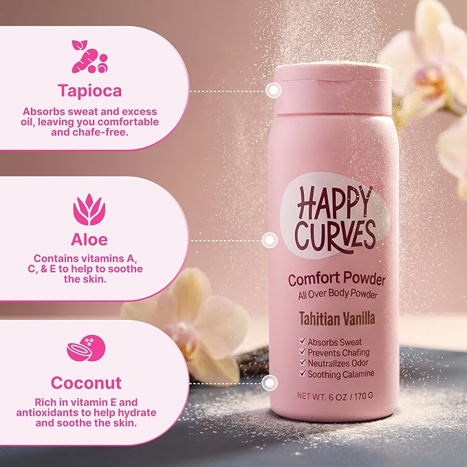 HAPPY CURVES Comfort Powder: Talc Free Anti Chafe Body & Foot Dusting Powder Deodorant to Control Inner Thigh Chafing, and Private Areas 6oz (Pack of 1) - Tahitian Vanilla