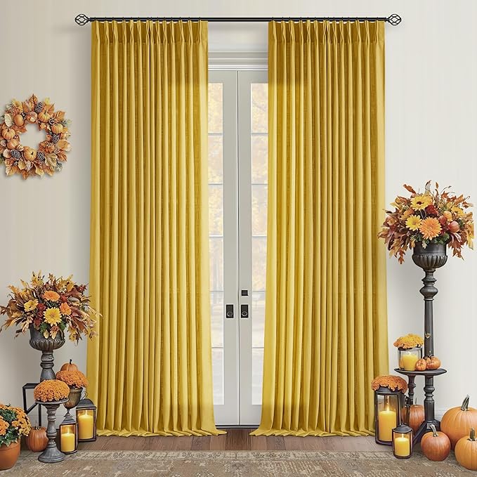 Mustard Yellow Pleated Semi Sheer Linen Curtains 96 Inches Long 2 Panel Set | 400GSM Fabric, Light Filtering, Pinch Pleat with Rings Hooks Drapes, Spring Farmhouse Rustic, for Bedroom Living Room