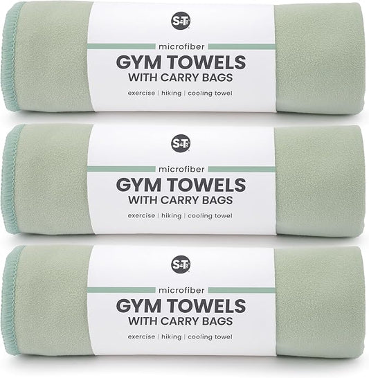 S&T INC. Gym Travel Towel, 3 Pack, Cooling Towels for Camping, Yoga, Home and Gym Bag, 3 Storage Bags Included, 12 Inch x 40 Inch, Microfiber, Sage Green