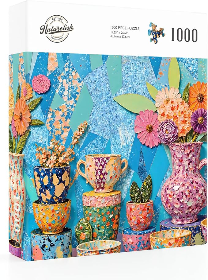 Vibrant Teapot Ceramic Collage Jigsaw Puzzles for Adults 1000 Pieces, Irregularly Shaped Difficult Puzzles Perfect for Game Night, Great Gift Idea, Size 26.65 x 19.25 in