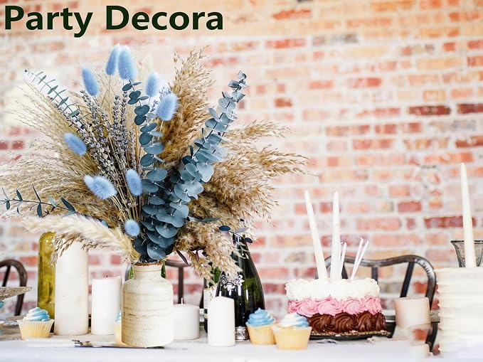Dusty Blue Dried Flower Bouquet with Pampas Grass, Bunny Tails, Lavender and Eucalyptus, Beige Boho Floral Arrangement for Vase, Wedding Centerpiece, Bedroom and Coastal Home Decor