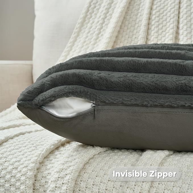 FUTEI Pack of 2 Faux Fur Throw Pillow Covers 20x20 Inch, Dark Grey | Fluffy Faux Rabbit Fur Front/Premium Velvet Back,Hidden Zipper,Machine Washable,Non-Shedding,Colorfast,Insert Not Included.