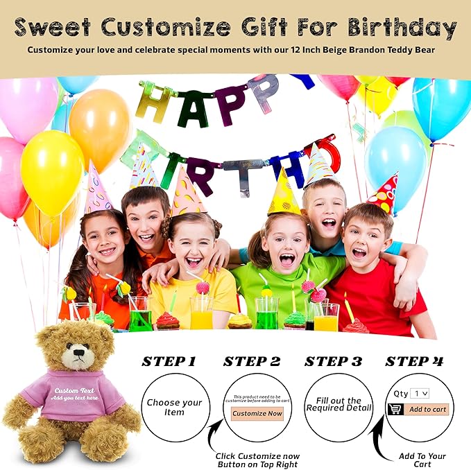 Customized Beige Brandon Bear - 12 inch Personalized Stuffed Bear Plush Toy - Perfect Custom Shirt Bear Gift for Graduation Valentines Graduation Easter Holidays (Pink Shirt)
