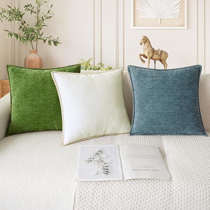 CaliTime Decorative Couch Throw Pillow Covers 22 X 22 Inches Cream | Pack of 2, Cozy Chenille Cushion Cases, Cotton Thread Stitching Edges, for Sofa Bed Living Room Farmhouse