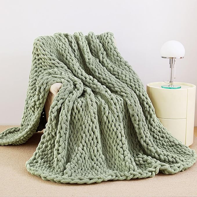 Chunky Knit Blanket Throw for Couch, 60"x80" Chunky Yarn Knitted Blankets | 100% Hand Knit Thick Chenille, Soft Breathable for Bed, Sofa, Home Decor, Cozy Gifts for Women Friends, Sage Green