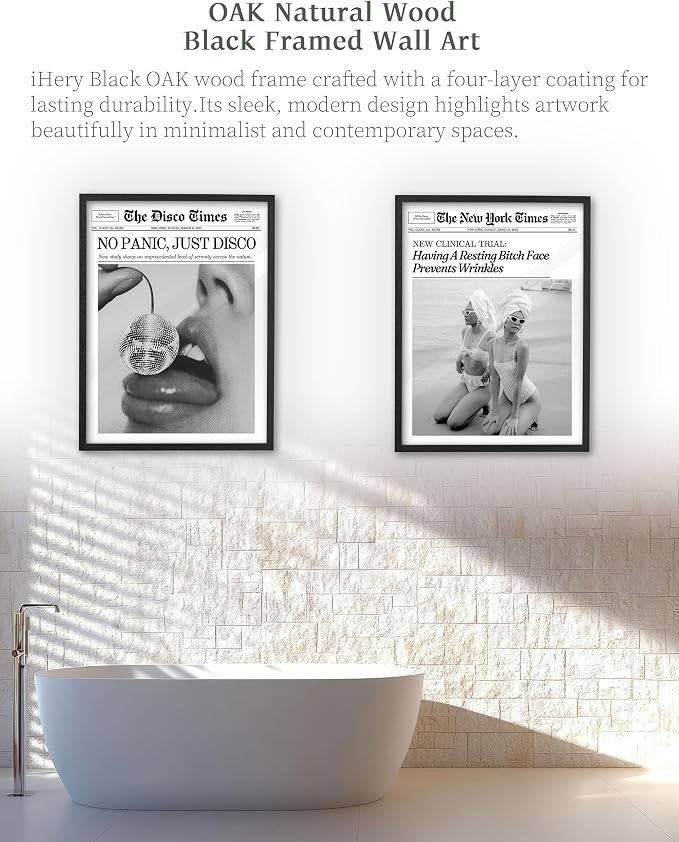 iHery 8x10in No Panic Just Disco Black Framed Newspaper Wall Art | Premium Black Natural OAK Wood Frame with Canvas Print, Retro Disco Ball Decor for Bedroom, Girl Dorm, Living Room 1Pack