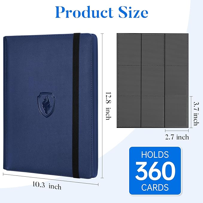Premium 9 Pocket Card Binder for 360 Cards, Fabmaker PU Cover Trading Card Binder, Sturdy Card Collection Album, Sleek Card Holder Folders for Game Cards & Sports Cards, Navy Blue