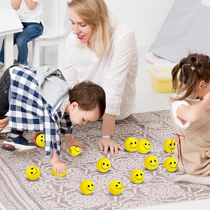 96 Pack Smile Face Stress Balls Bulk 2 Inch Funny Face Stress Relief Balls Yellow Mini Squeeze Balls Foam Smile Face Toys for Finger Exercise, School Prizes, Party Bag Fillers