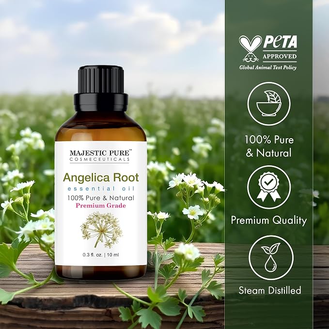 Majestic Pure Essential Oil with Glass Dropper - 100% Pure and Natural - Essential Oils for Diffuser, Aromatherapy, Soap and Candle Making, Angelica Root Essential Oil, Angelica Root Oil, 0.3 Fl Oz