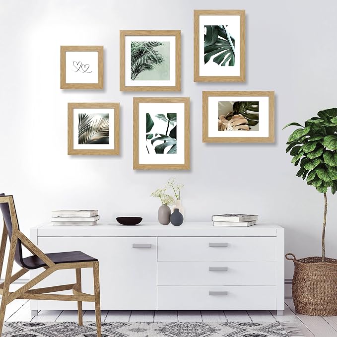 Hongkee 8x8 Picture Frames Set of 4, Made of Glass and Natural Oak Wooden Frame - Display Picture 6x6 with Mat or 8 x 8 Without Mat, 8 by 8 Photo for Wall or Tabletop