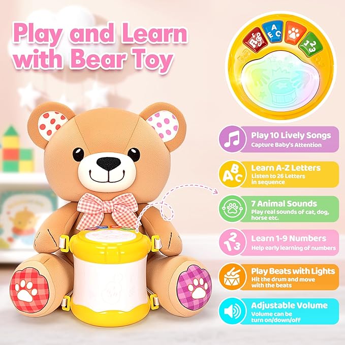 Baby Toys 6-12 Months, Bear Musical Plush with Lights,ABCs,Animal Sounds, Numbers, Infant Early Learning Toy, Christmas Birthday Gifts for 6+ Month Boys &Girls
