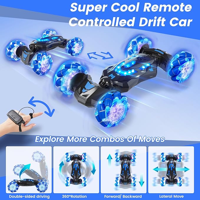 YEMIAI Gesture Sensing RC Stunt Car,4WD Drift Hand Controlled 360° Flips Trick Car with Lights & Music, Toys car is Cool Birthday Gift for Kids Ages 7-12