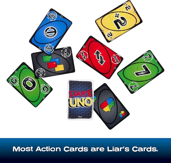 Mattel Games Liar’s UNO Card Game in Travel & Storage Tin for Adults, Kids, Families, Parties & Game Nights, Outwit Other Players with Bluffing & Trickery
