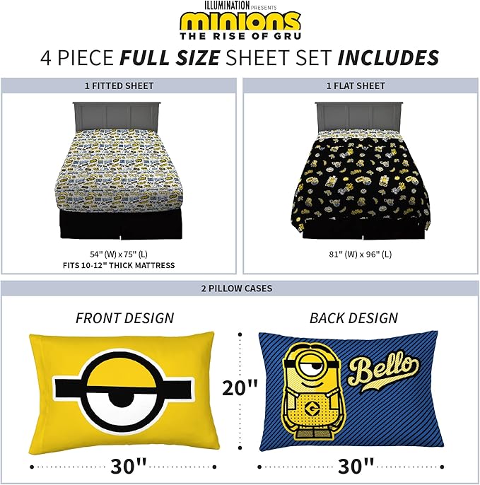 Franco Kids Bedding Super Soft Microfiber Sheet Set, Full, Minions The Rise Of Gru