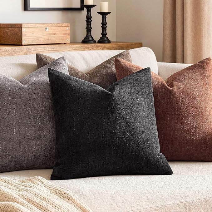 MIULEE 24x24 Inch Euro Textured Chenille Throw Pillow Covers Black | Pack of 2 Decorative Soft Throw Pillows,Solid Textured Cushion Covers,Modern Home Decor for Bed Couch Sofa Bedroom Livingroom