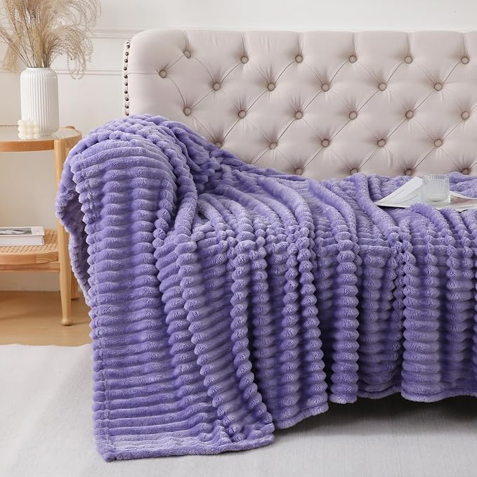 Lavender Throw Blanket for Couch Sofa 60x80 inches Striped Design | Fleece Blankets Room Home Decor Lightweight Plush Soft Cozy Gifts for Women Mom