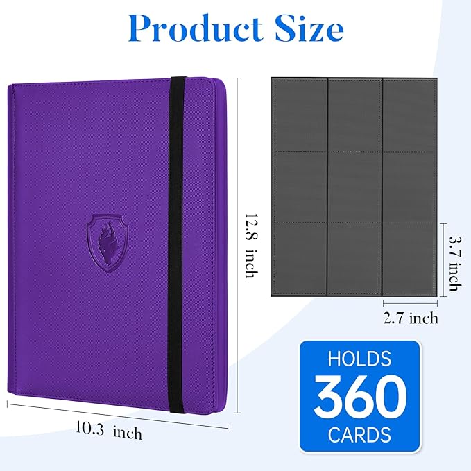 Premium 9 Pocket Card Binder for 360 Cards, Fabmaker PU Cover Trading Card Binder, Sturdy Card Collection Album, Sleek Card Holder Folders for Game Cards & Sports Cards, Purple