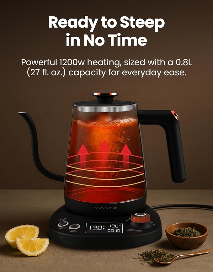 Vianté Electric Gooseneck Kettle with Precise Temperature Control. Pour Over Coffee & Tea Kettle. Boil-Dry Protection & Keep Warm Function. Stainless Steel, BPA-Free. Includes #2 Filters. 0.8L