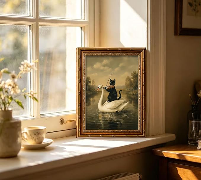 Vintage Gold Framed Black Cat Wall Art,Dark Academia Swan Painting Canvas Print,Moody Cottagecore Cute Animal Wall Decor, Rustic Farmhouse Animal Poster Artwork for Living Room Bedroom Bathroom