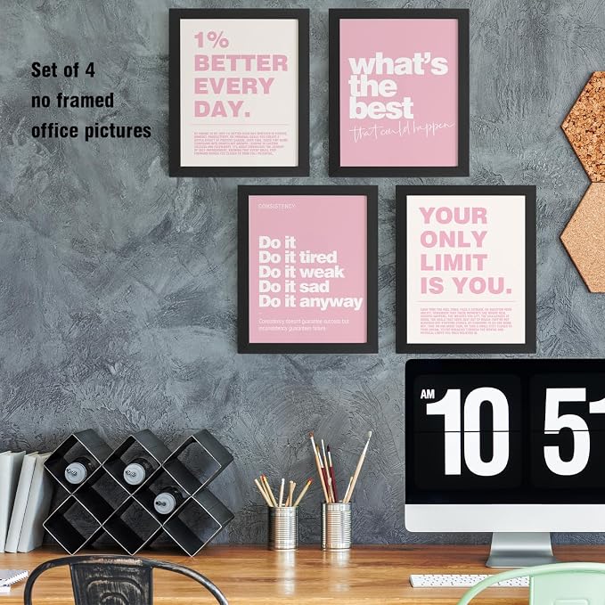 DSHFG Motivational Inspirational Office Wall Art Decor Pink Prints 4Pcs | Pink Office Motivational Wall Decor Trendy Retro Positive Affirmations Quotes Wall Decor Posters, 12x16 Unframed