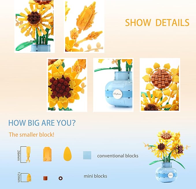 Sunflower Building Blocks Set Flower Bouquet with Vase for Adults Building Toys for Girls Boys Home Decor - 559PCS 12+