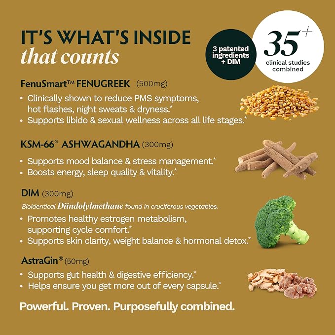 Tribe Organics Ashwagandha Gold - DIM Supplement for Women with Ashwagandha KSM-66®, FenuSmart™ Fenugreek & AstraGin - Clinical-Grade Hormone Balance, Estrogen Support & PMS Relief - 60 Vegan Capsules