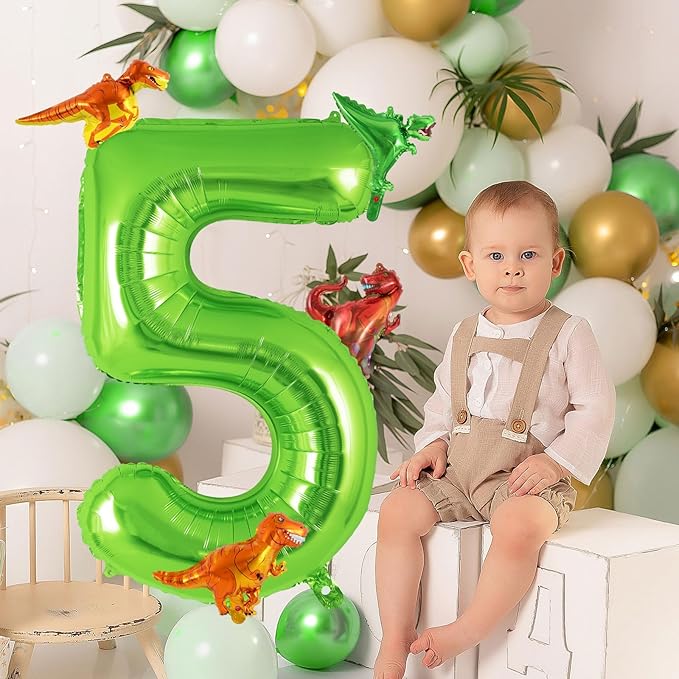 Dinosaur Green Number 5 Balloon, 40 Inch Big Large Foil Helium Green Number Balloon with 4 Pcs Mini Dinosuar, Dinosuar Mylar Balloons Set for 5 Year Old Birthday Party Decorations Supplies