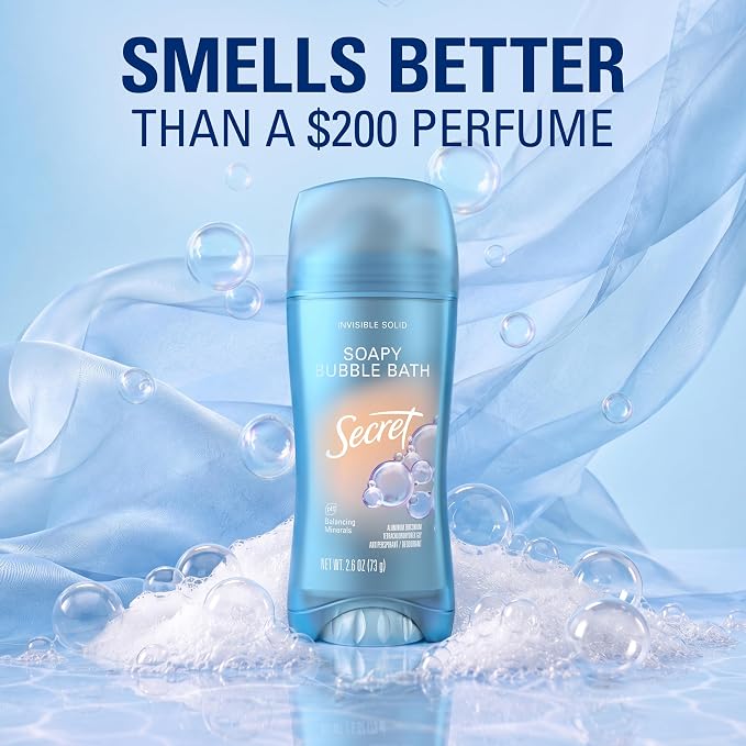 Secret Fresh Antiperspirant Deodorant for Women, 72hr Breathable Sweat & Odor Protection, Instant Freshness & Gentle, PH Balancing Minerals, Invisible Solid, Soapy Bubble Bath Scent, 2.6 oz
