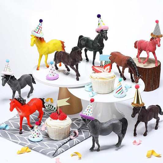 18 Pcs Horse Birthday Party Decorations Mini Birthday Hat Animal Figure Model Cake Toppers with Mini Hat for Birthday Party, Animals Themed Party