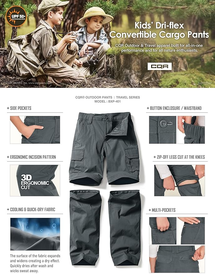 CQR Kids Youth Hiking Cargo Pants, UPF 50+ Quick Dry Convertible Zip Off Pants, Outdoor Camping Pants