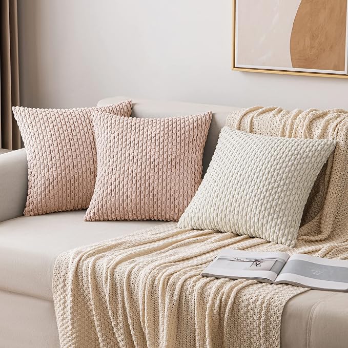 MIULEE Decorative Throw Pillow Covers 18x18 Pink Textured Corduroy | Pack of 2 Striped Pillow Covers Modern Farmhouse Home Decor for Couch Bed Sofa Living Room