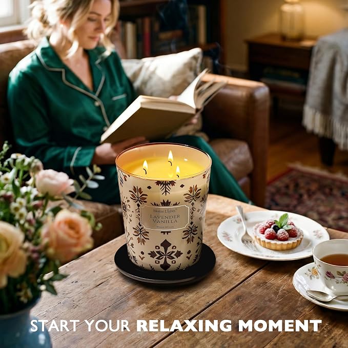 HomeLights Large jar Candle | 3-Wick Long-Lasting Scented Candles, 34oz Natural Soy Wax Candle for Home Scented, Bohemian Natural Textures Gifts for Women & Men, Lavender Vanilla