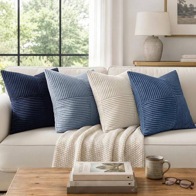 MIULEE Dusty Blue Decorative Throw Pillow Covers for Couch 18x18 Inch | 2 Pack, Boho Farmhouse Pillow Covers, Soft Cross Corduroy Patchwork Textured Cushion Cases For Bed Sofa