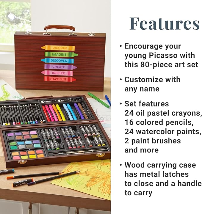 Let's Make Memories Personalized 80-Piece Deluxe Art Set - for Kids - Wood Carrying Case - Oil Crayons, Colored Pencils, Watercolors - Arts & Crafts - Palette Design - Add Name - Creative Crayons