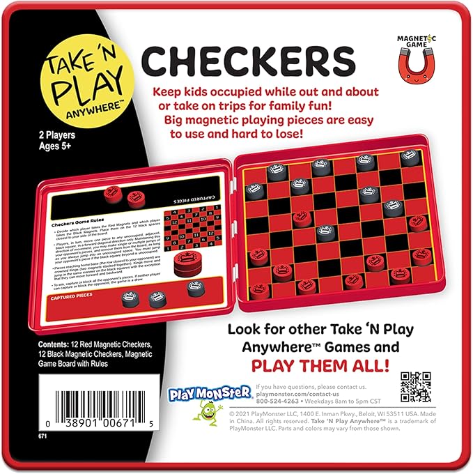 PlayMonster Take 'N Play Anywhere — Checkers — Magnetic Travel Game — Fun on The Go! — for Ages 4+
