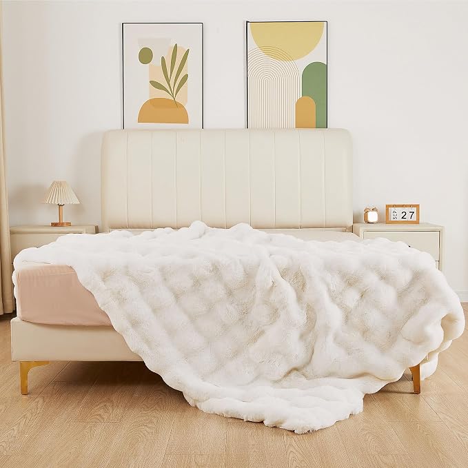 ORINOVA Light Beige Twin Fuzzy Faux Fur Throw Blanket for Couch Bedroom Living Room Furry Soft Fluffy Bed 60x80 Thick Warm Blanket for Winter Home Gifts 860 GSM