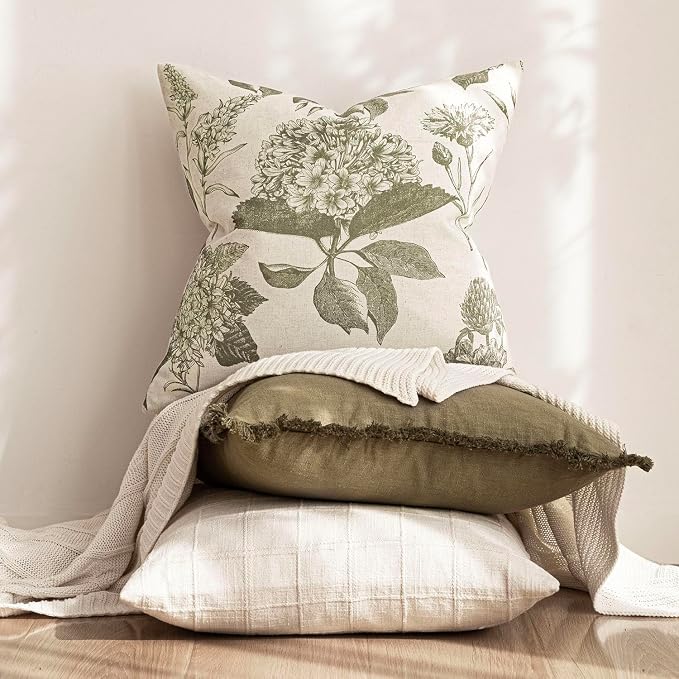 Foindtower Set of 2 Linen Floral Throw Pillow Covers Neutral Vintage Print Decorative Cushion Covers Farmhouse Boho Home Decor for Sofa Chair Couch Bedroom Living Room,22×22 Inch,Sage Green