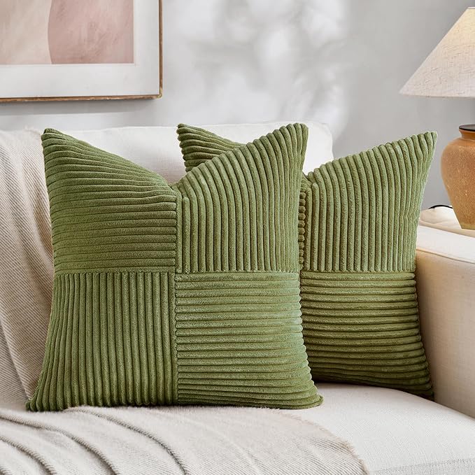 Fancy Homi 2 Packs Moss Green Big Decorative Throw Pillow Covers 24x24 Inch for Couch Bed Sofa, Rustic Farmhouse Boho Home Decor, Soft Corss Corduroy Patchwork Accent Square Cushion Case 60x60 cm